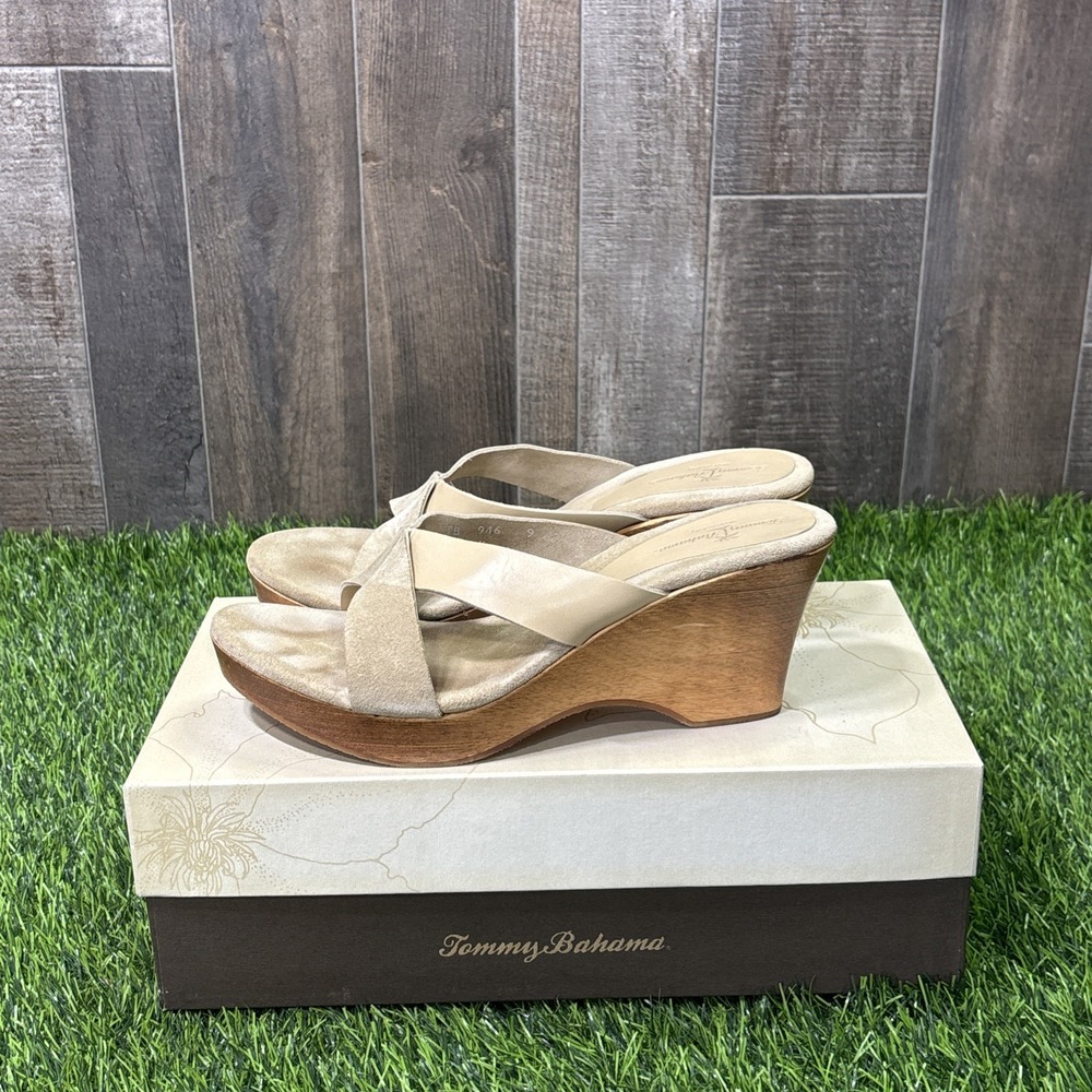 Tommy Bahama Wooden Say No Raw Sugar Italy Suede Leather Slide Sandals - Picture 4 of 8